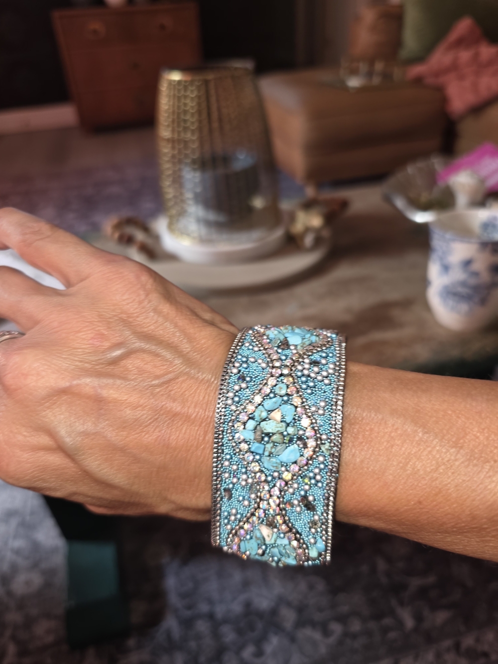 Source Unknown Turquoise Mosaic Beaded Cuff Bracelet with Silver Accents